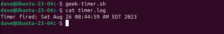Running the geek-timer.sh script and verifying it writes to the logfile