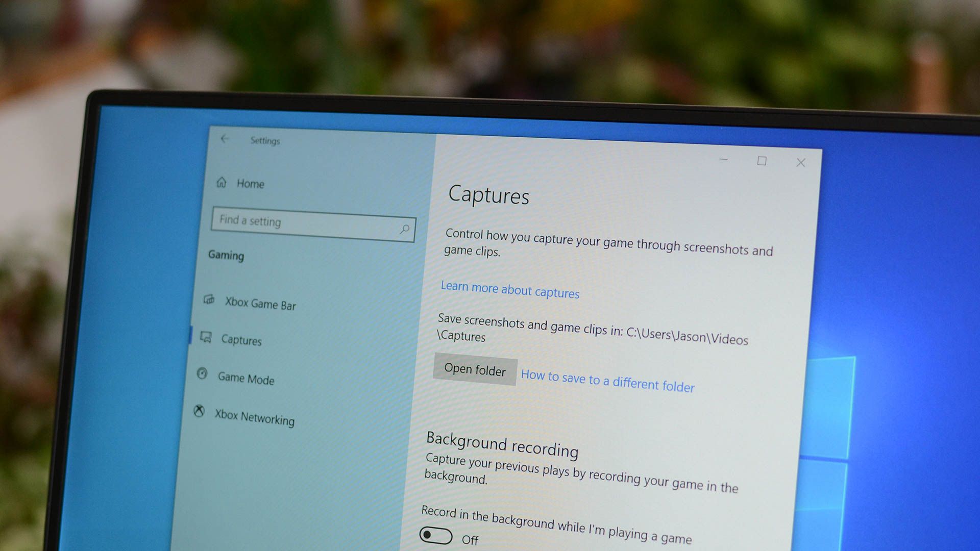 The Capture settings on Windows 10. 
