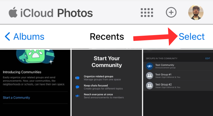 iCloud images upload section highlighting the Select button