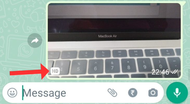 WhatsApp chatbox with an arrow next to the HD watermark of an image