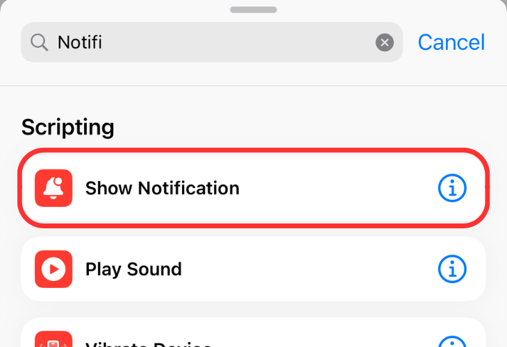 Personal Automation menu highlighting the Show Notification option