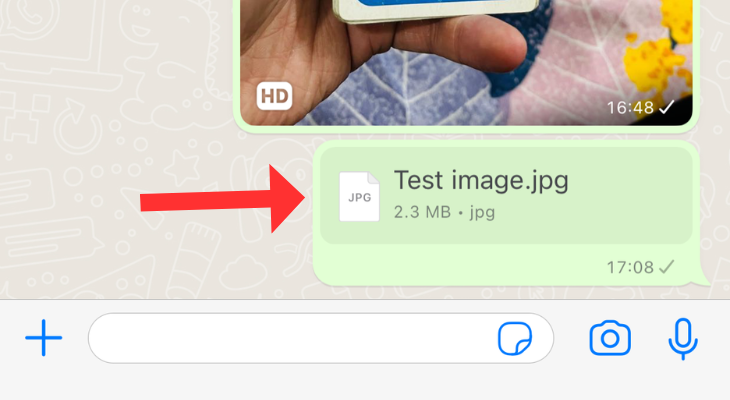 WhatsApp chatbox highlighting an image sent as a document