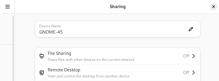 There is no longer a slider button in the title bar of the Sharing page of the GNOME 45 settings application