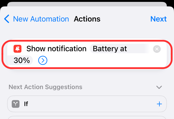 Automation actions setup screen highlighting the custom message dialog box