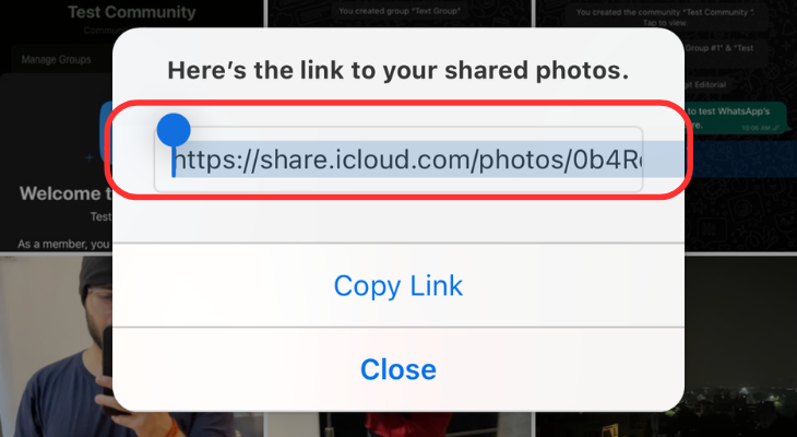 Highlighting the link to share uploaded iCloud images