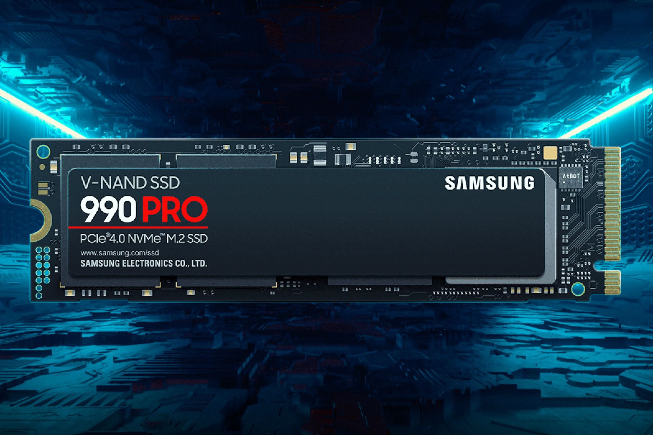 Samsung 990 PRO SSD on a blue 3D background