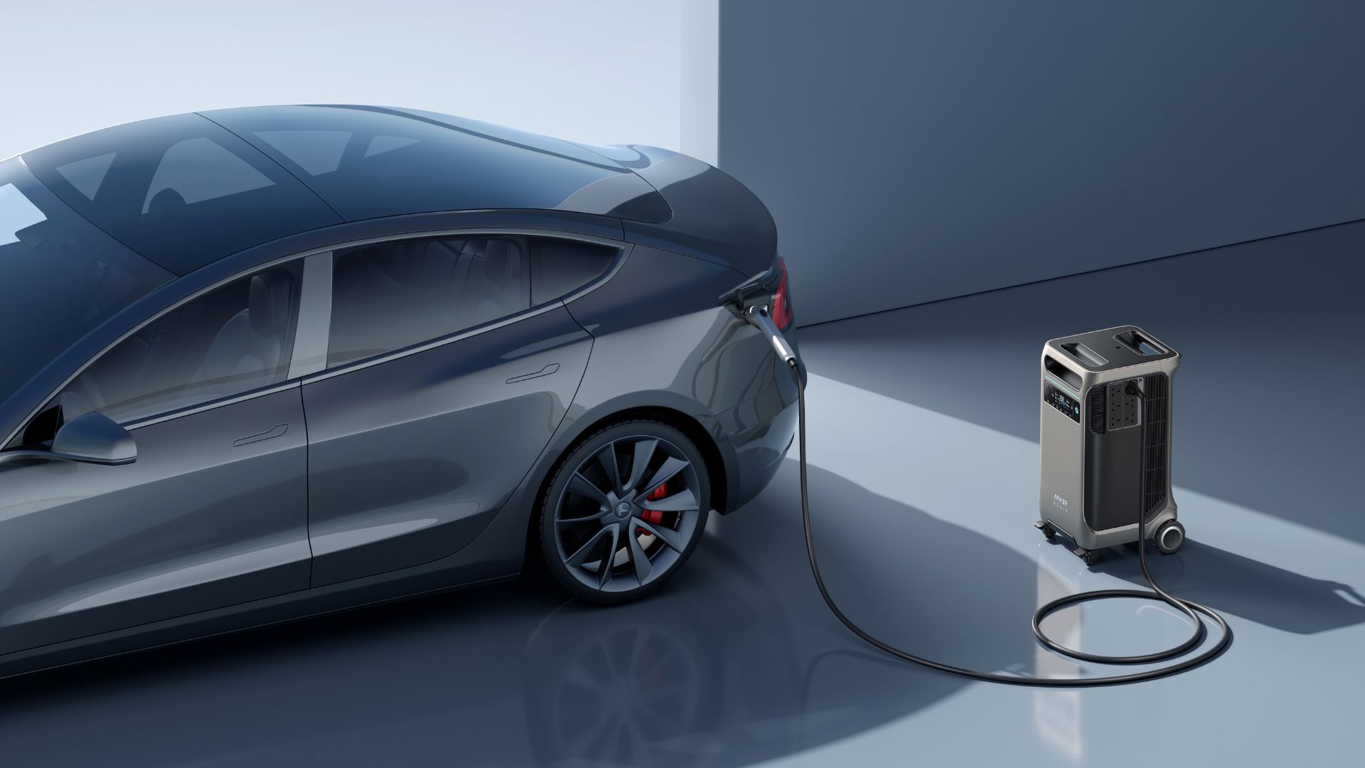 Anker SOLIX F3800 power station charging an electric car. 