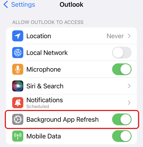 Enable background app refresh option for Outlook on iPhone