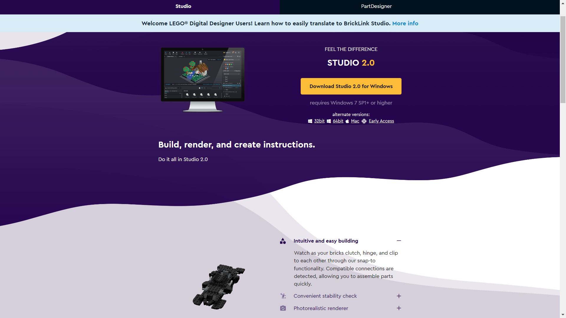 A screenshot shows the homepage for BrickLink Studio software.