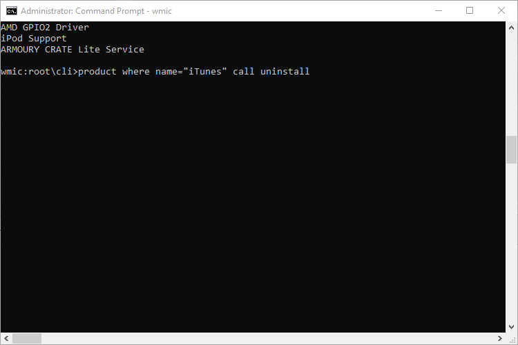 The uninstall command typed into the Command Prompt. 