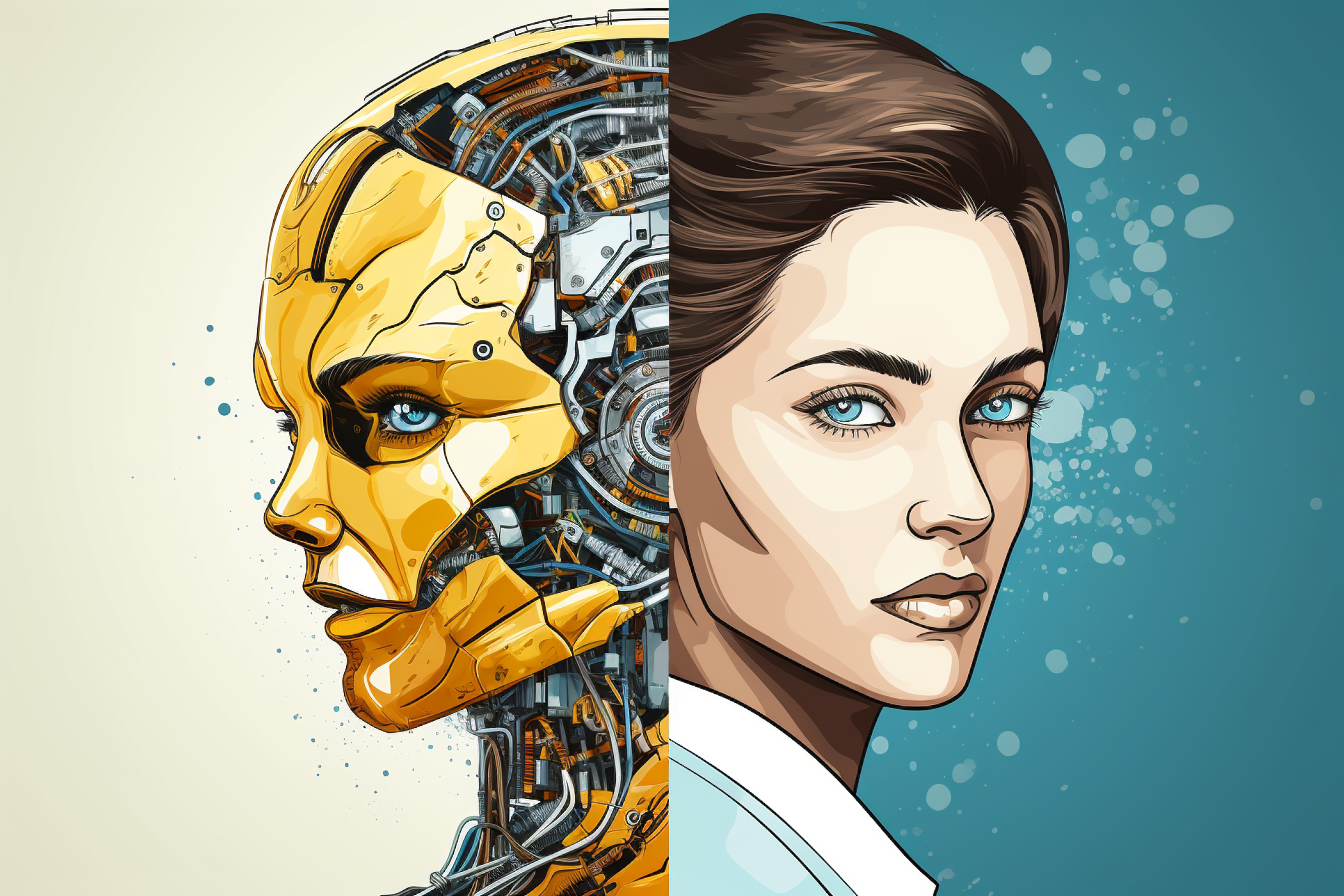 An image of a robot woman and human woman back to back