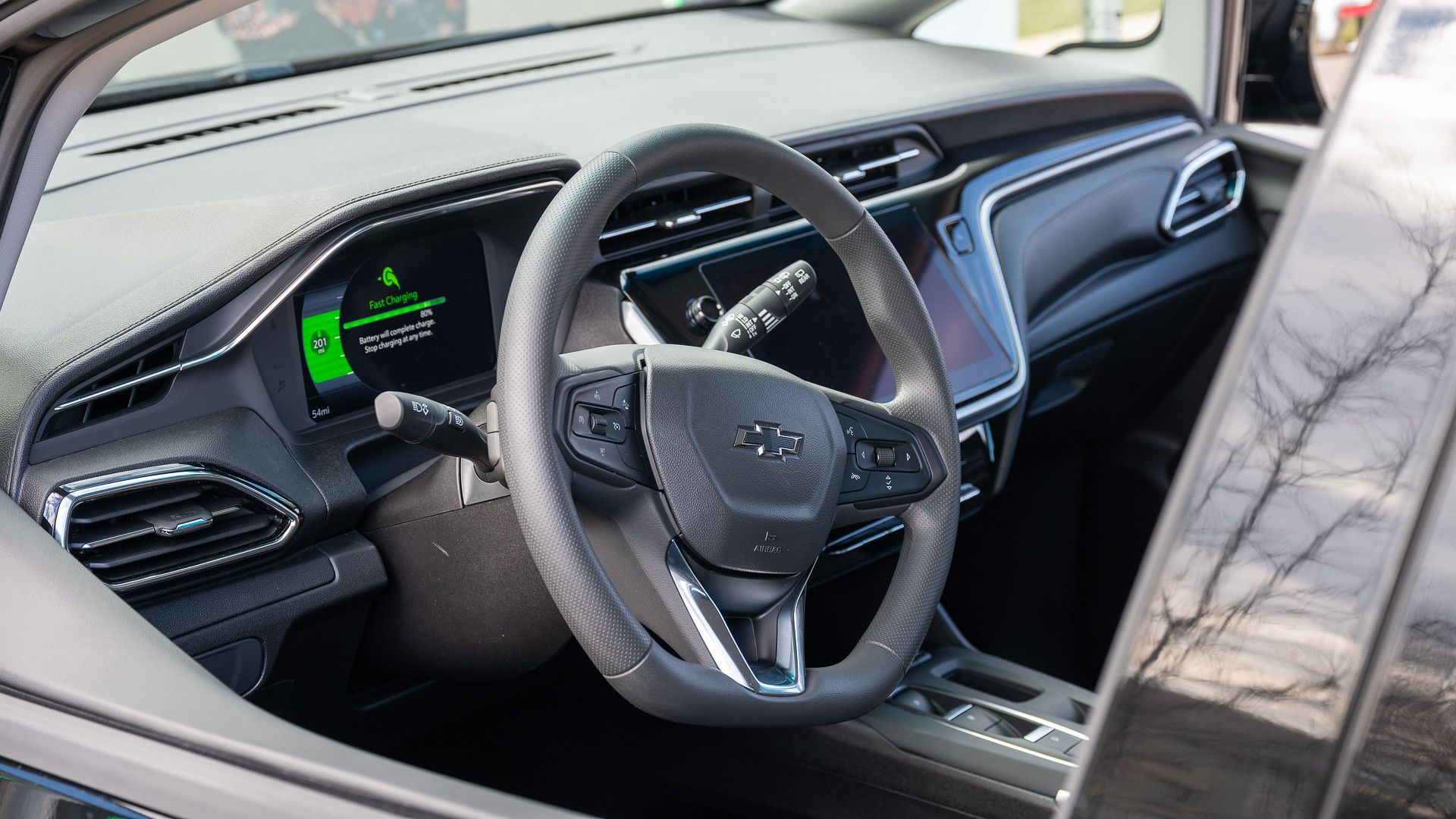2023 Chevy Bolt EV interior, AC vent, and steering wheel. 