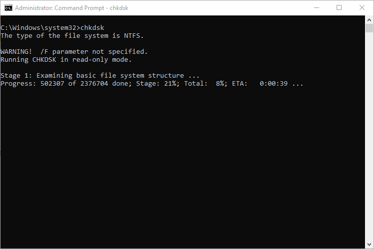 Chkdsk running in Command Prompt
