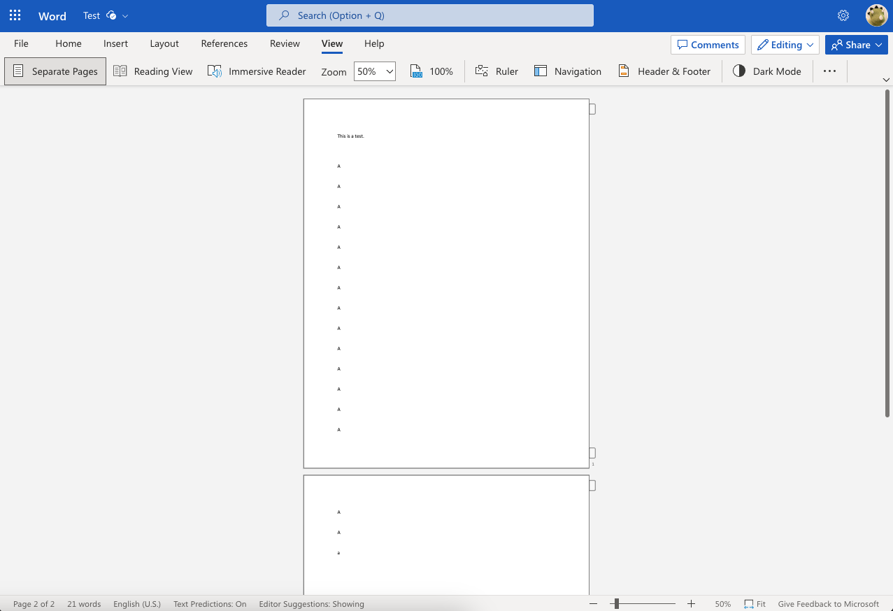 Screenshot of Separate Pages view in Word web app