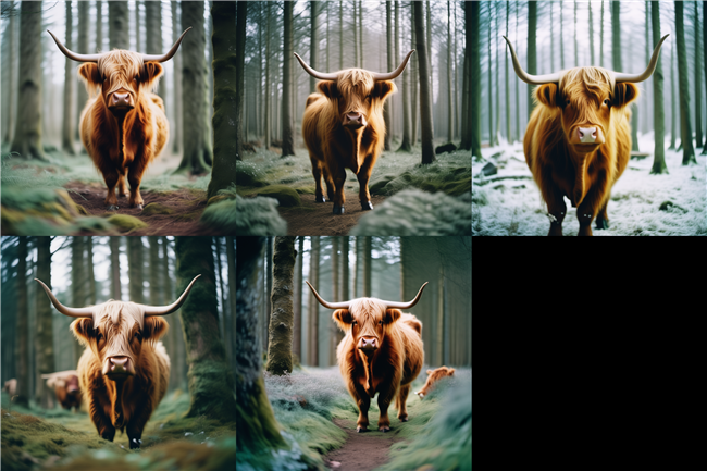 Five different highland cows