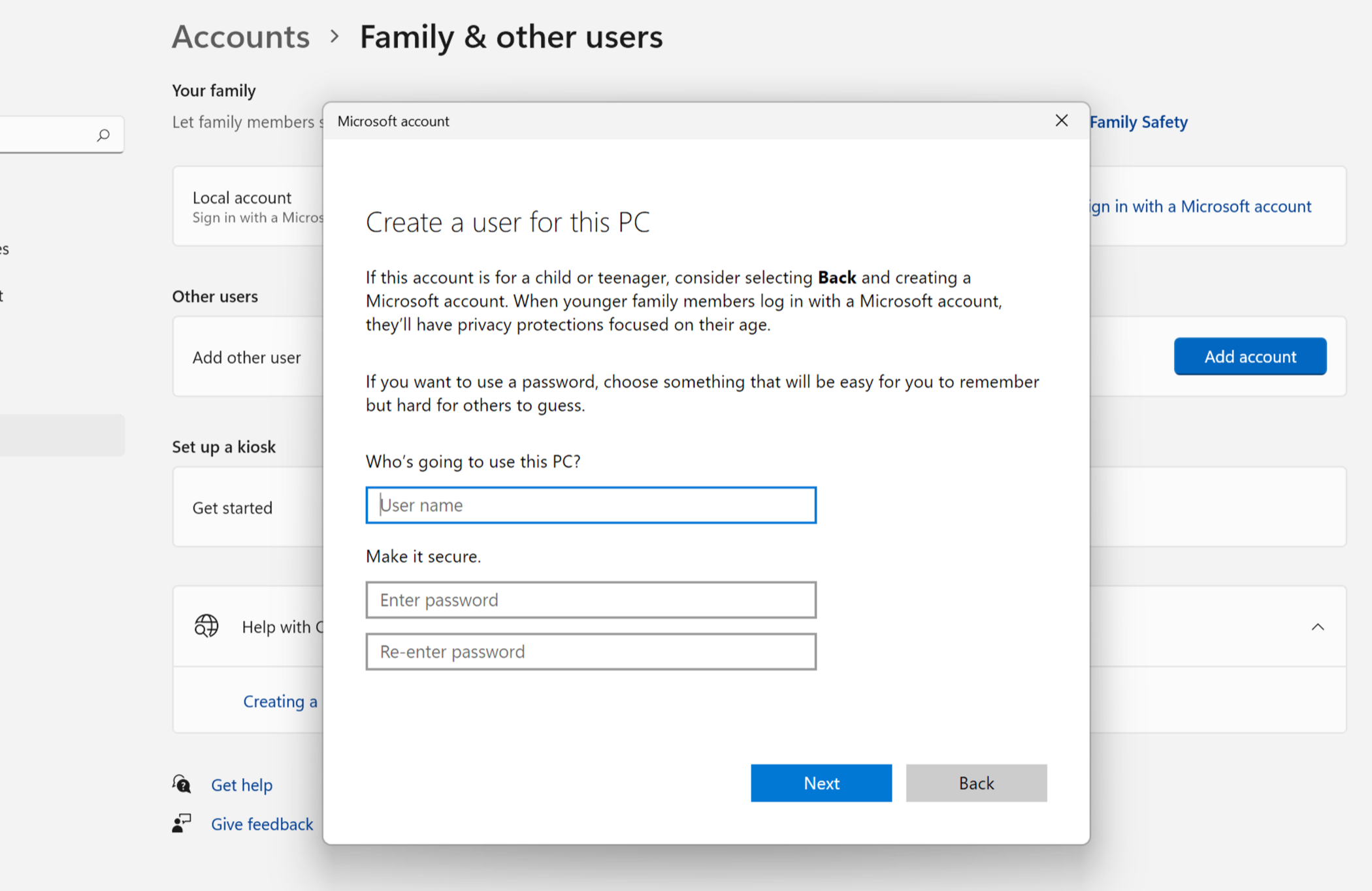 Create a new account in Windows 11's 