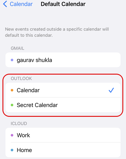 Choose default calendar in iPhone calendar settings