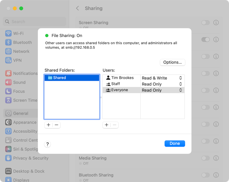 Enable file sharing in macOS System Settings