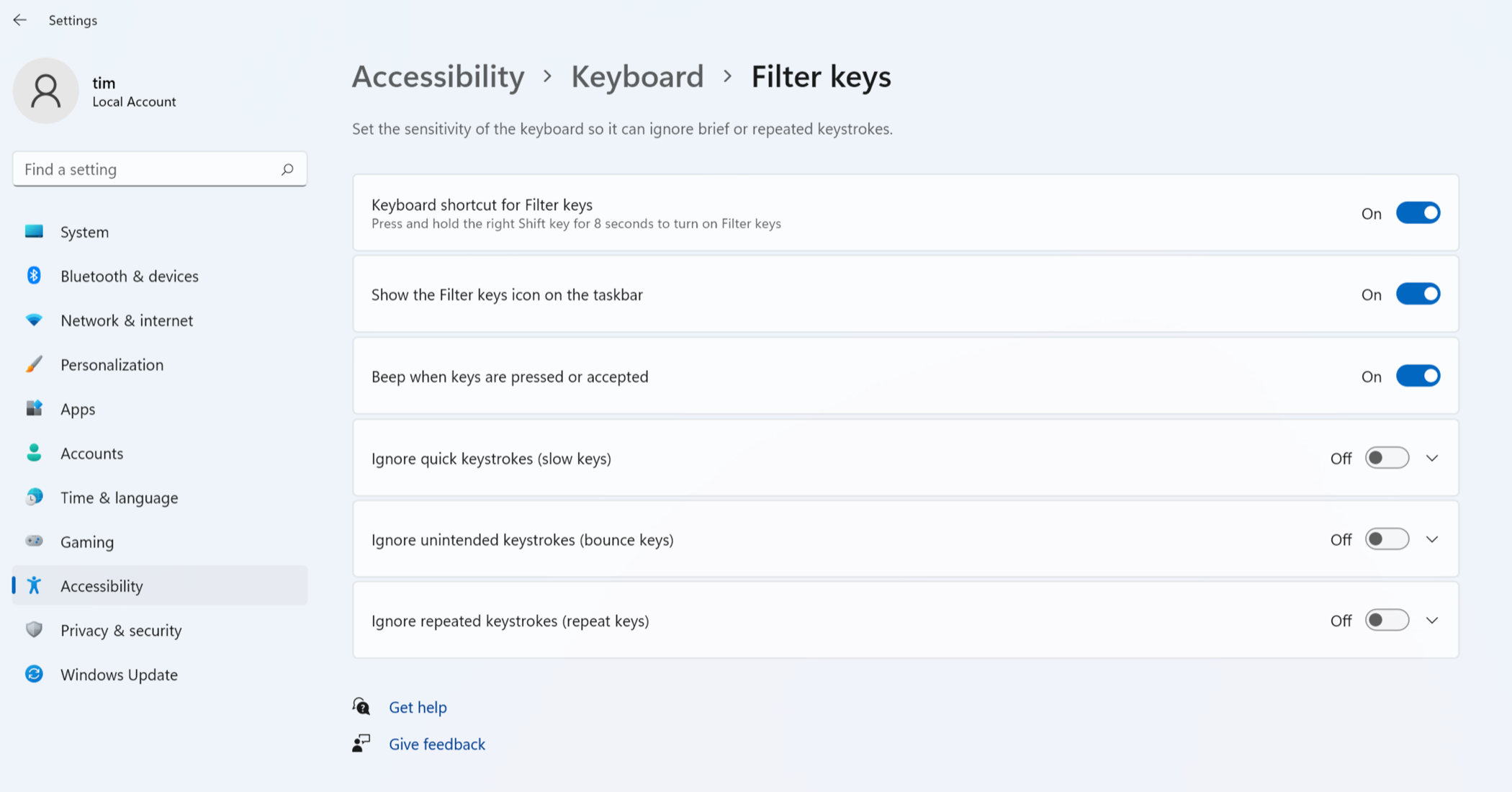Disable Filter Keys under Windows 11's Accessibility settings