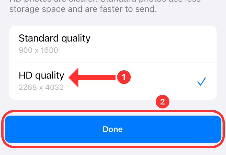 WhatsApp HD quality menu highlighting the HD option and Done button