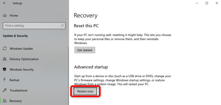 Click the restart now button in the advanced startup menu to open the advanced startup and the UEFI setup menu