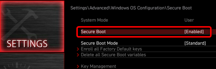 After you open the Windows OS Configuration menu, click the Secure Boot option