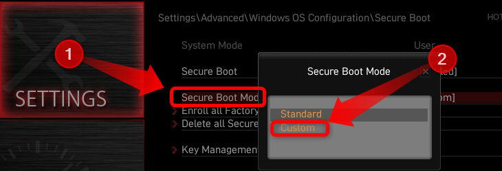 If you find that you cannot toggle the Secure Boot option, switch from Standard to Custom secure boot mode and then switch back to Standard mode