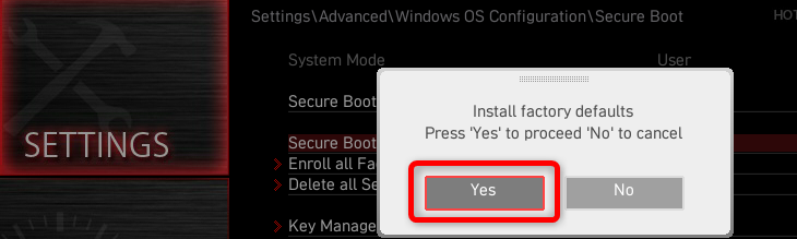 Afte you switch back to the Standard secure boot mode, make sure to install factory defaults by pressing the Yes button when prompted