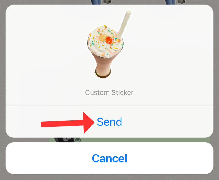 Custom Sticker dialog box on WhatsApp with an arrow next to the Send option