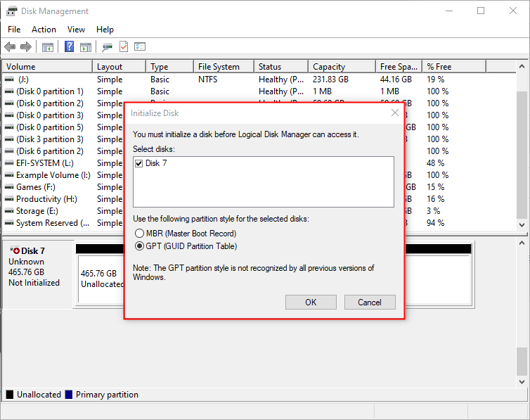 Initialize a disk on Windows 10