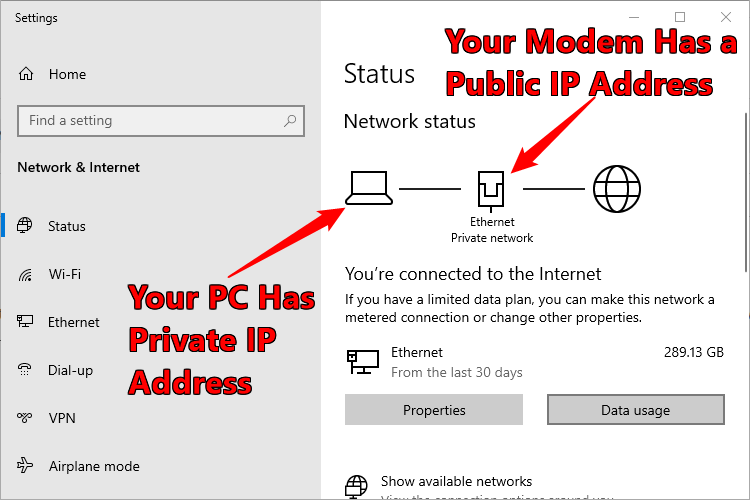 The Settings app annotated to show which device has a public IP and which has a private IP. 