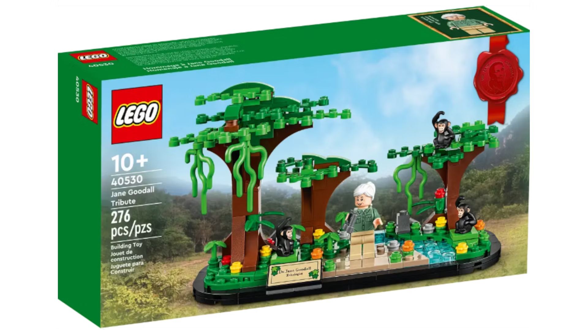 A LEGO box shows the Jane Goodall Tribute set.
