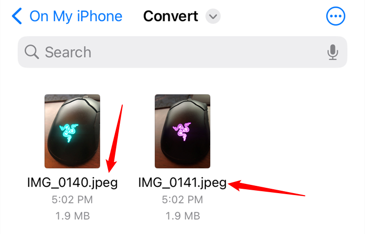 The JPEG file extensions displayed in the Files app. 