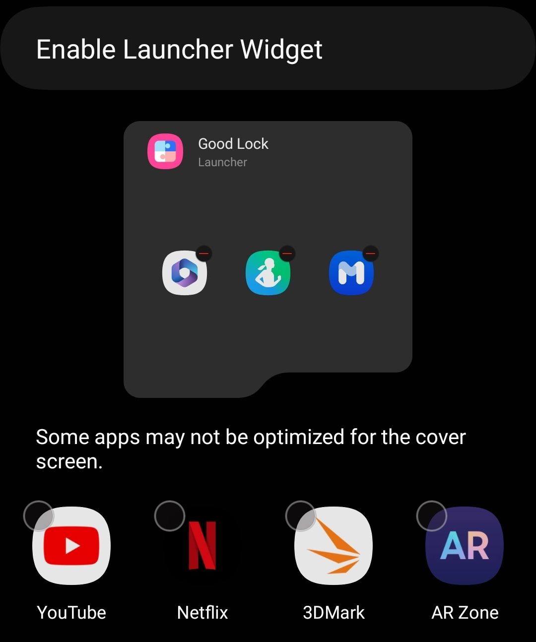 Launcher Widget toggle and app selection