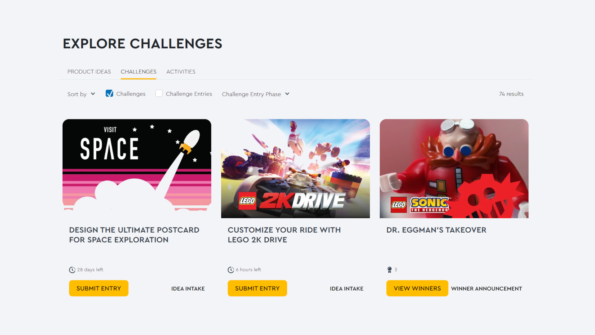 A screenshot shows the summaries of three LEGO Ideas Challenges.