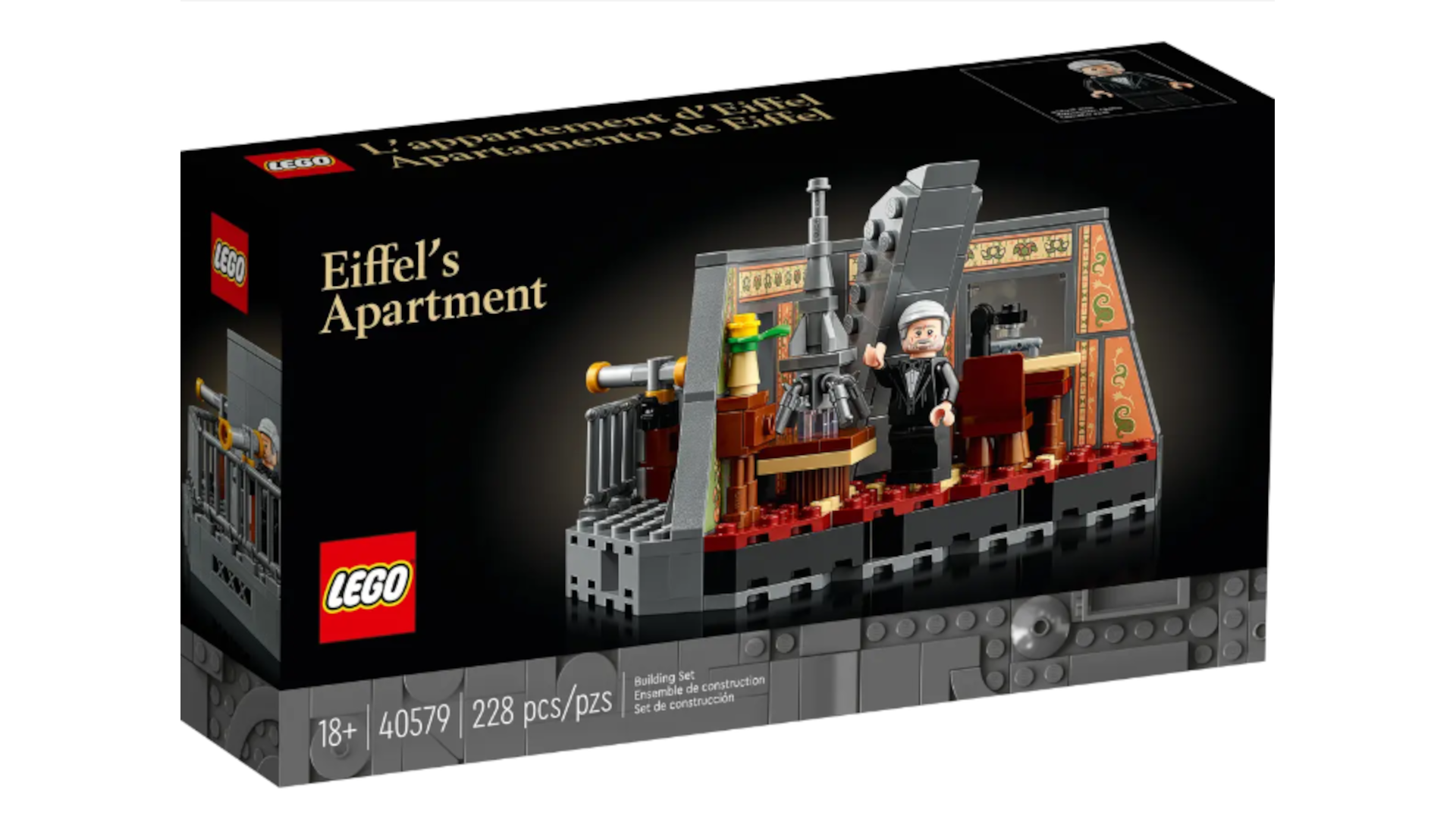 A LEGO box shows a picture of the Eiffel's Apartment set.