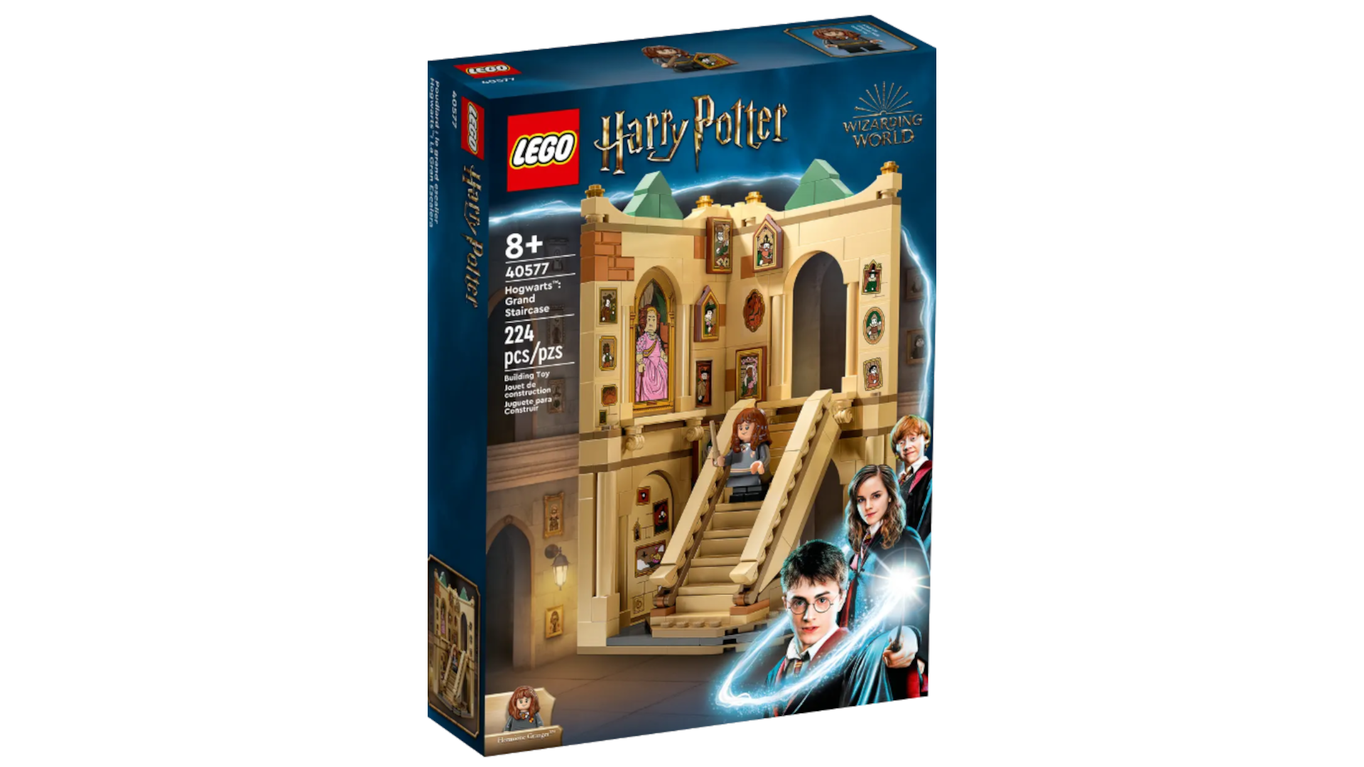 A LEGO box shows the Hogwarts Grand Staircase set.