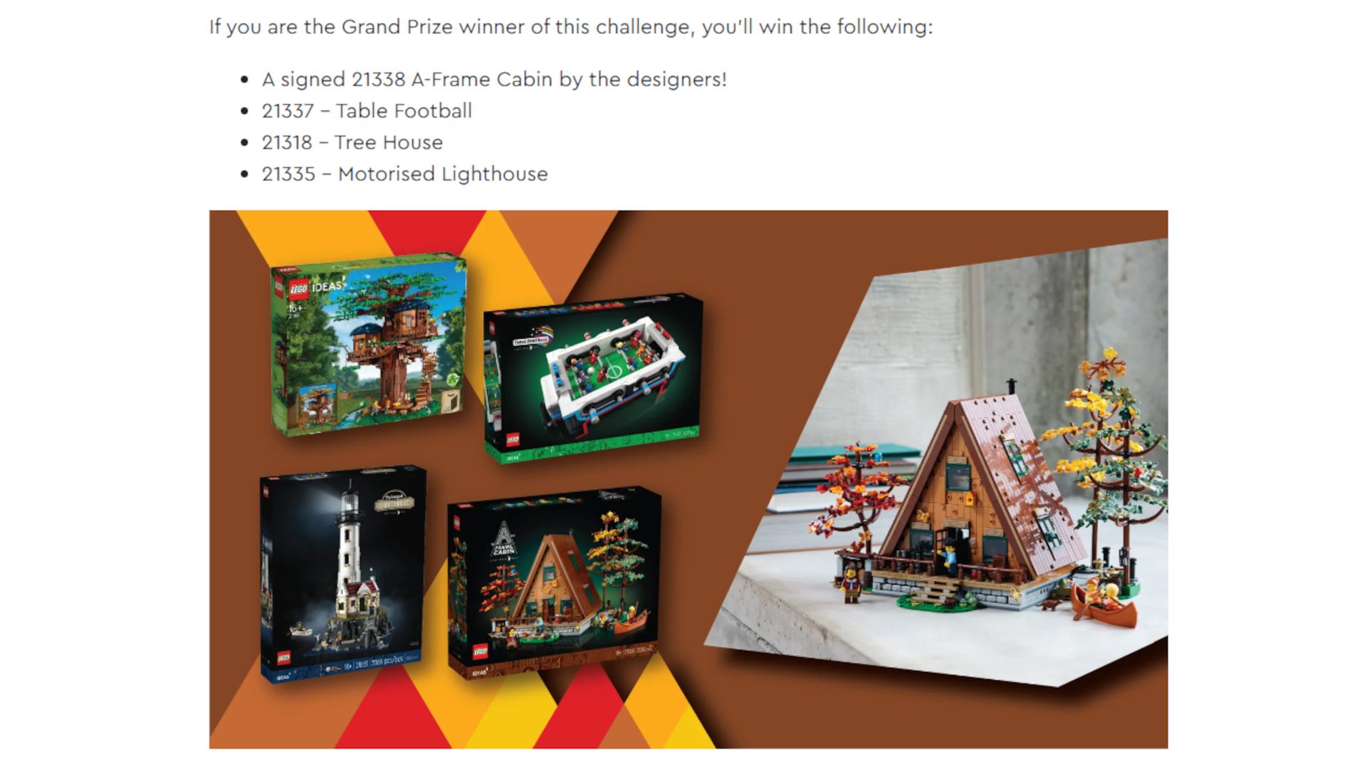 The different prizes for the LEGO Ideas Challenge A-Frame Cabin are shown.