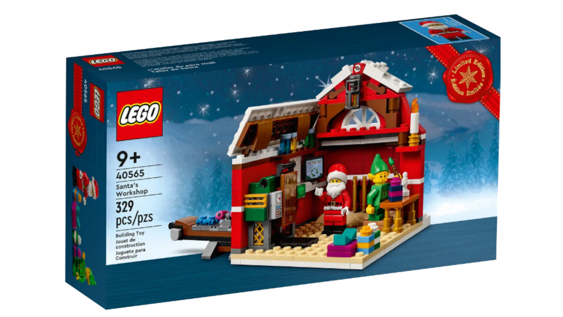 A LEGO box shows the Santa's Workshop set.