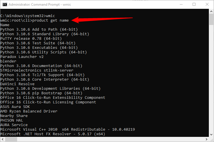 Some installed programs are listed in Command Prompt. 