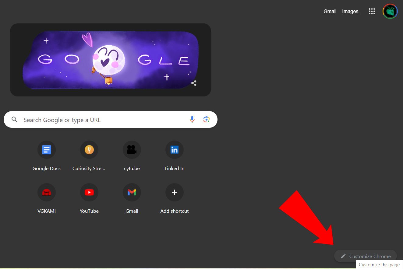 The location of the Customize Chrome button in Google Chrome.