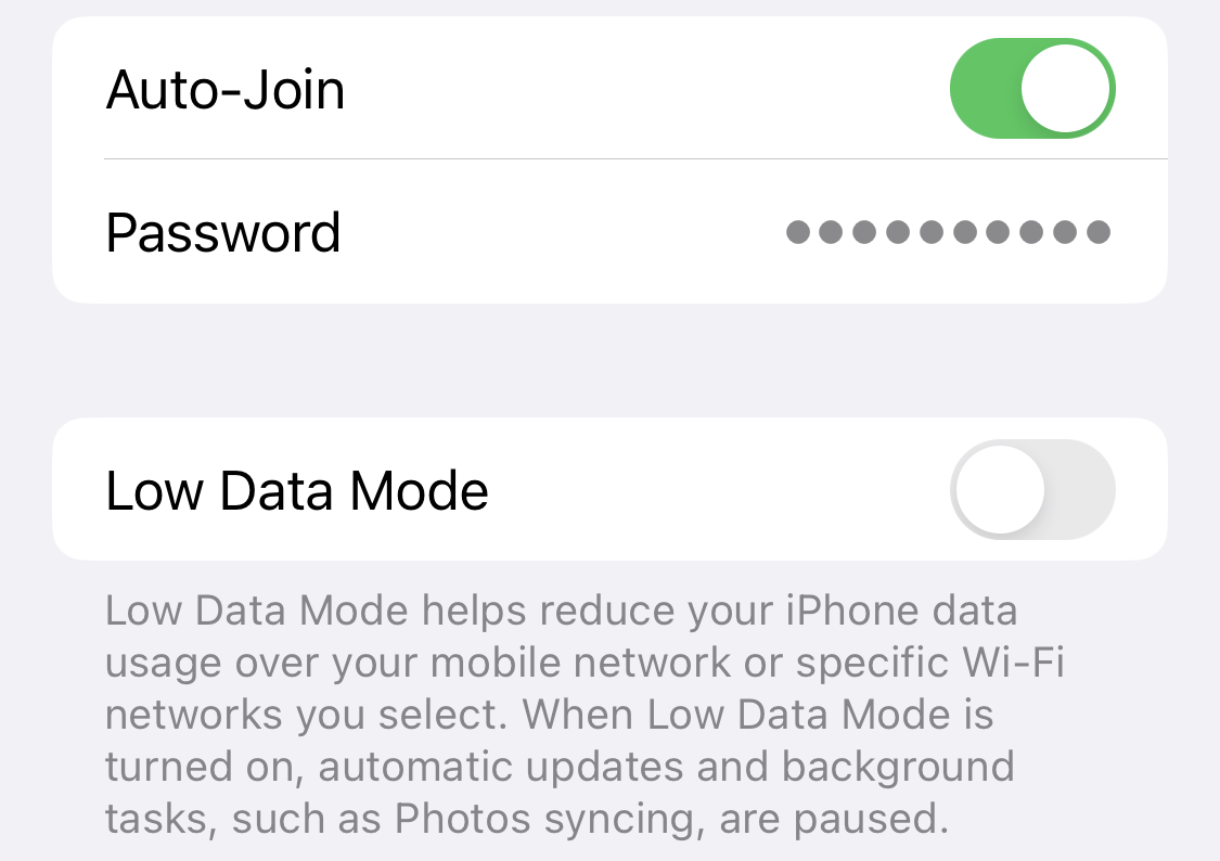 Disable low data mode in iPhone Wi-Fi settings