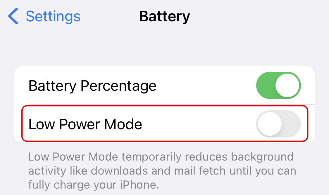 Disable low power mode in iPhone battery settings