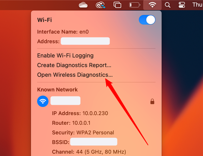 Hold the "Option" key, then click the Wi-Fi icon, then click "Open Wireless Diagnostics."