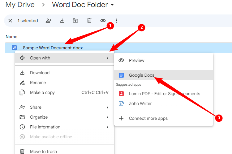 Right-click the Word doc, mouse over "Open With," then select "Google Docs."