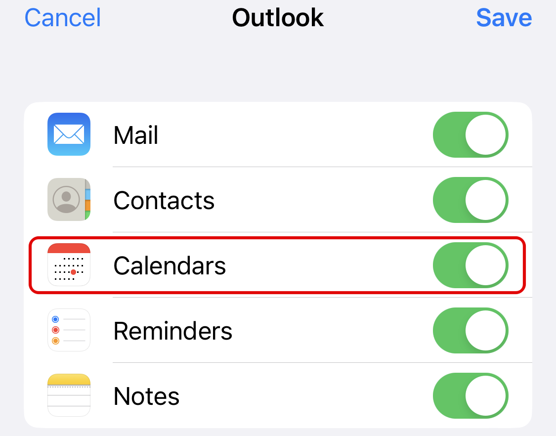 Включить параметр «Календари» для Outlook в настройках календаря iPhone