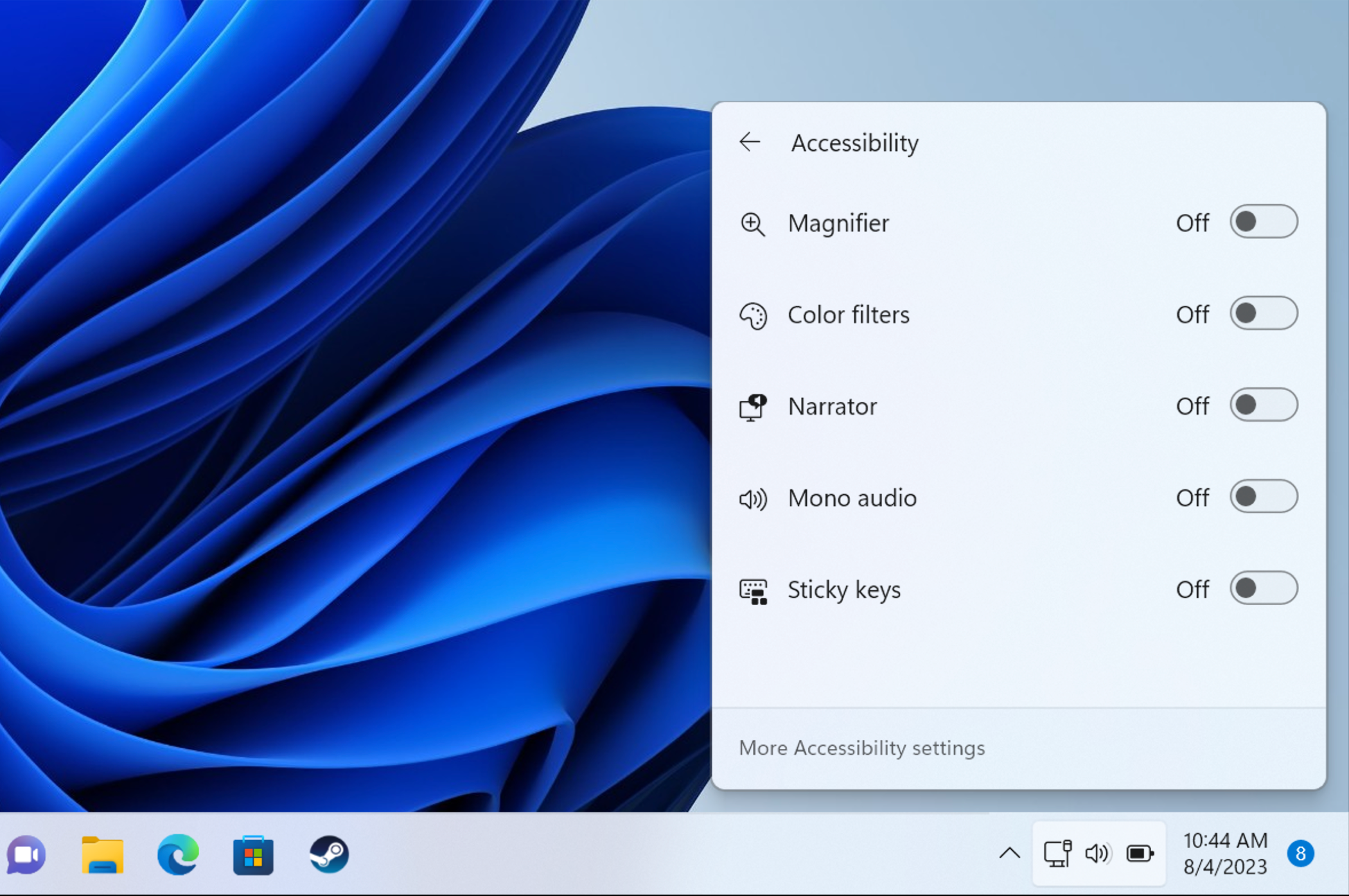 Disable Sticky Keys in the Windows 11 quick menu