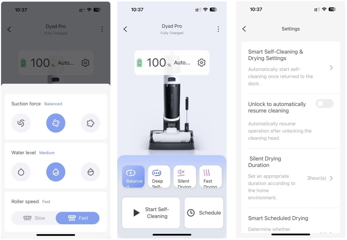 Three screenshots showing the Roborock app highlighting a Dyad Pro