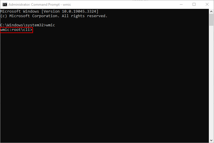 WMIC:root\cli> in the Command Prompt after the WMIC was entered. 