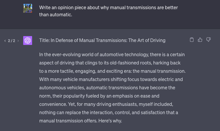 Portion de ChatGPT Output écrivant sur le fait que les transmissions manuelles sont meilleures dans les voitures.